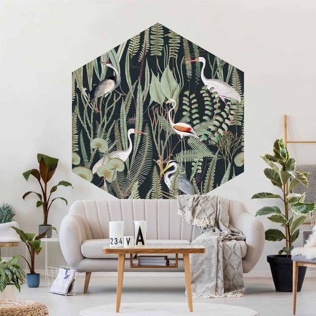 Papier peint flamant Flamants et cigognes avec plantes sur fond vert