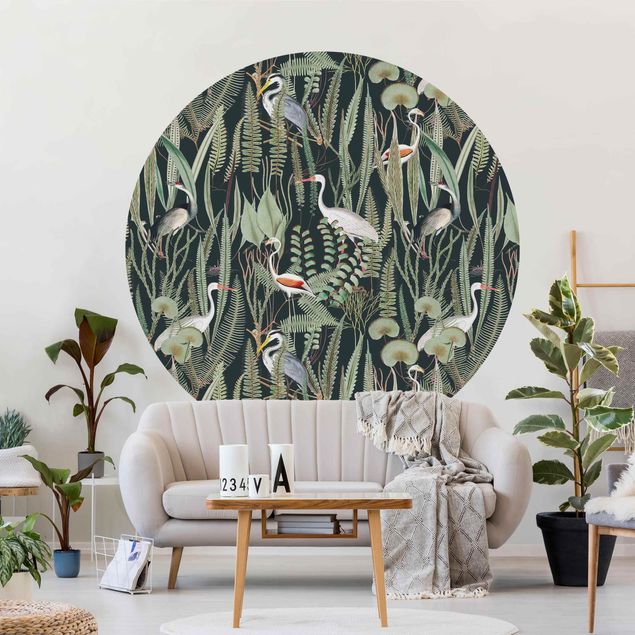 Tapisserie oiseaux Flamants et cigognes avec plantes sur fond vert