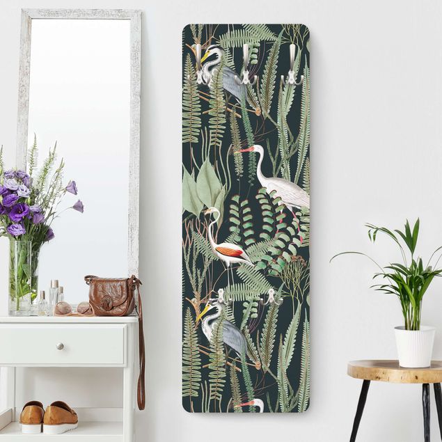Porte-manteaux muraux avec fleurs Flamingos And Storks With Plants On Green