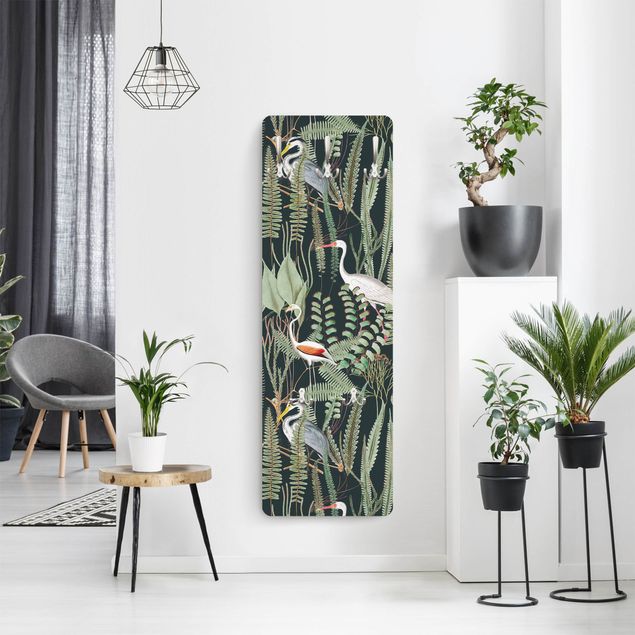 Porte-manteaux muraux avec dessins Flamingos And Storks With Plants On Green