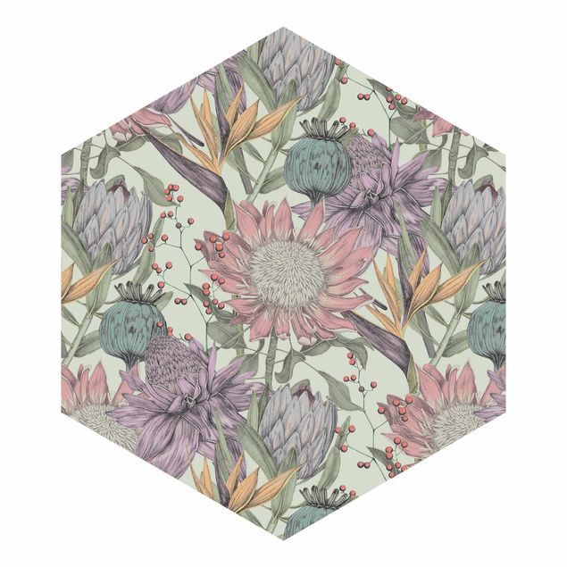 Papier peint hexagonal autocollant avec dessins - Floral Elegance In Pastel On Mint Backdrop XXL