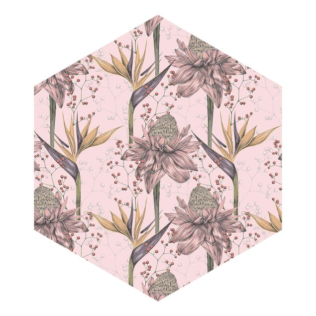 Papier peint hexagonal autocollant avec dessins - Floral Elegance Vintage Strelitzia On Pink Backdrop XXL