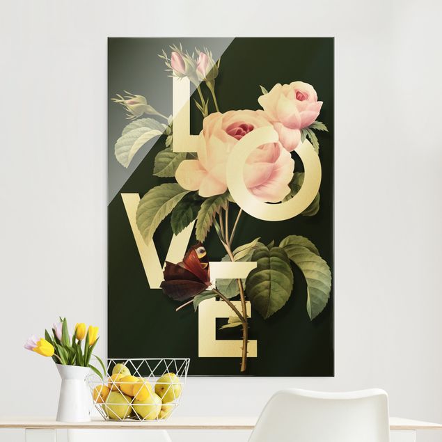 Tableaux en verre roses Typographie Florale - Amour