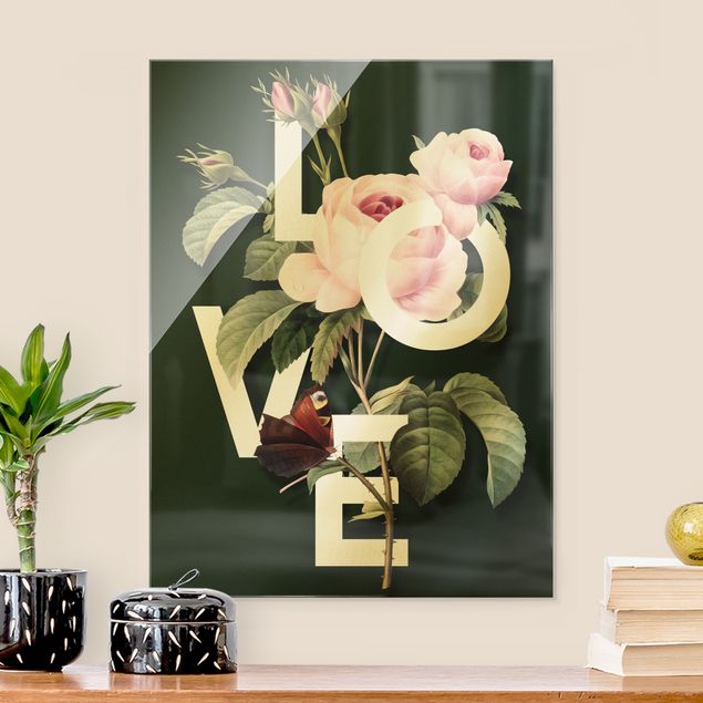 Tableaux en verre fleurs Typographie Florale - Amour