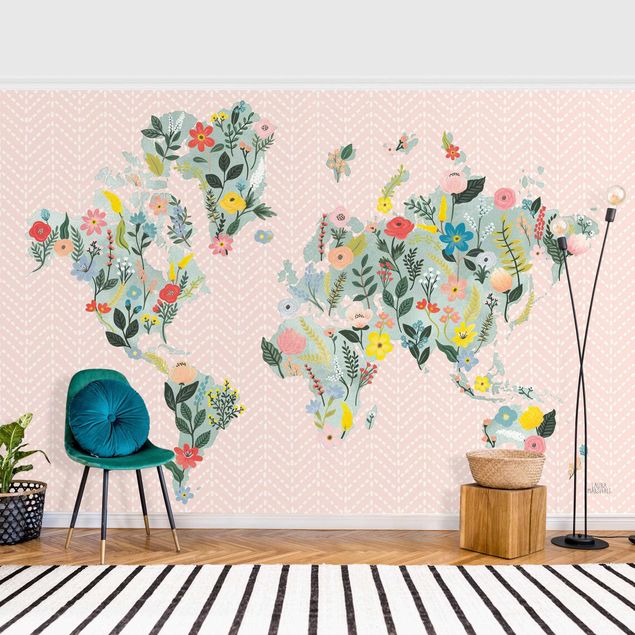 Papiers peints modernes Carte du monde florale en turquoise