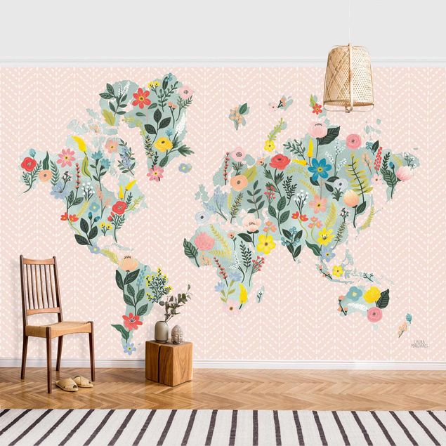 Papier peint floral Carte du monde florale en turquoise
