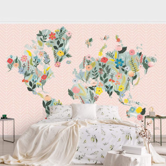 tapisserie panoramique Carte du monde florale en turquoise