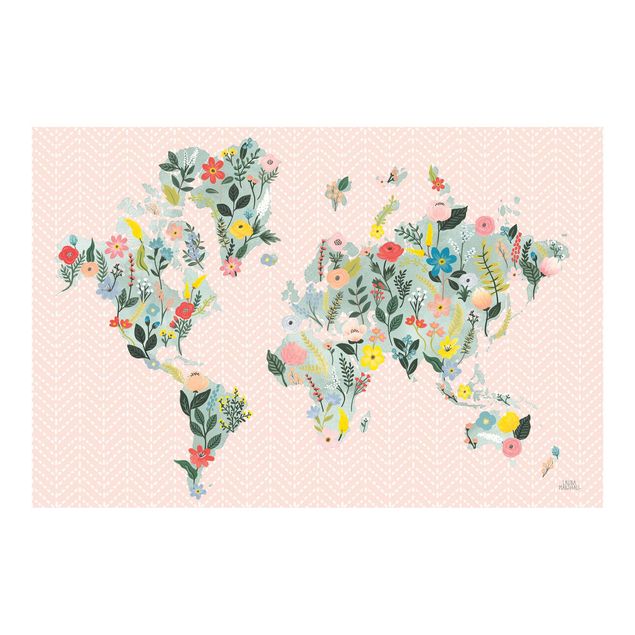 Papier peint - Carte du monde florale en turquoise