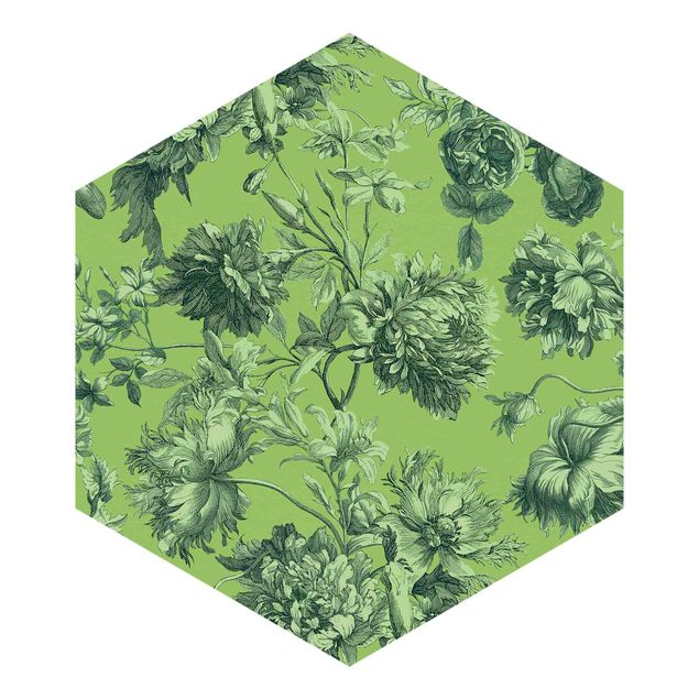 papier peint xxl Gravure florale en cuivre vert printemps