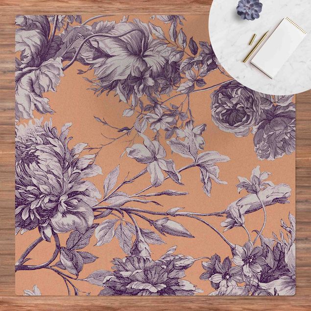 tapis salon moderne Gravure florale sur cuivre en maille violet