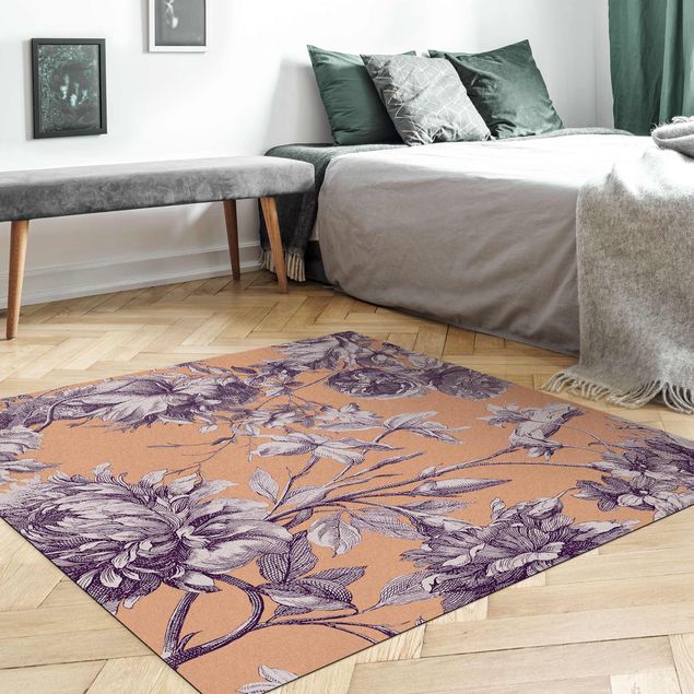 tapis contemporain Gravure florale sur cuivre en maille violet