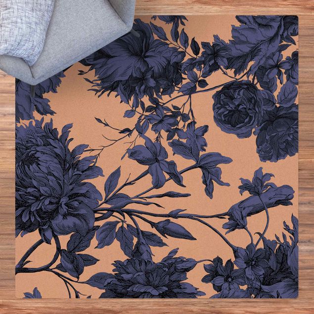tapis contemporain Gravure florale sur cuivre en maille bleu nuit