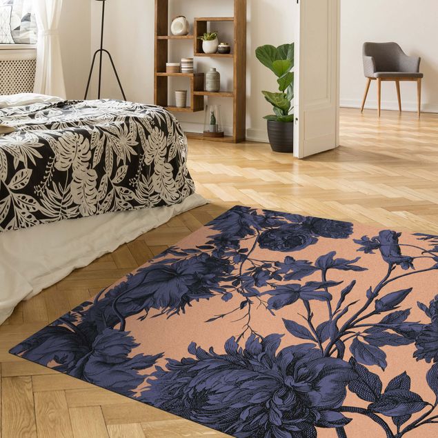 tapis salon vintage Gravure florale sur cuivre en maille bleu nuit