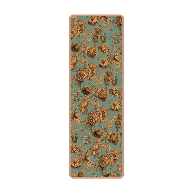 Tapis de yoga - Floral Copper Engraving Golden Blue