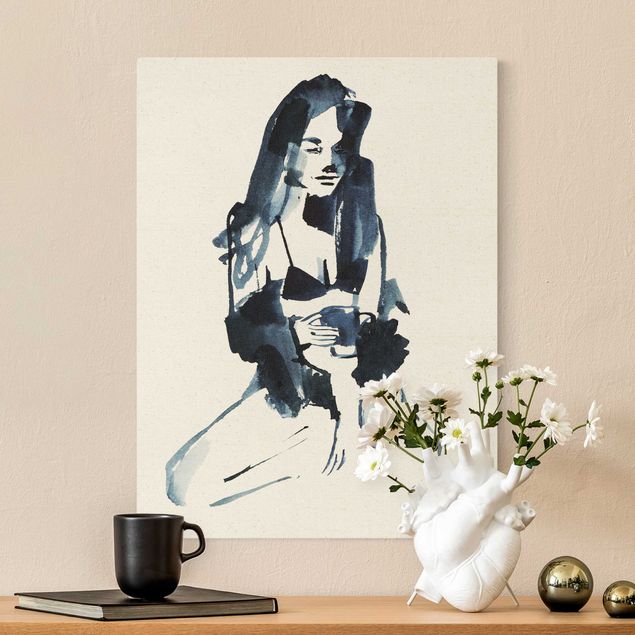 Tableaux portraits Femme à l'encre bleue avec café