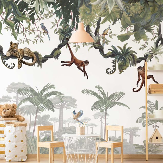 Papier peint panoramique forêt Singes espiègles dans un feuillage tropical