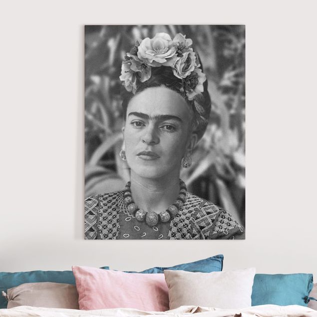 Tableaux sur toile en noir et blanc Frida Kahlo Photograph Portrait With Flower Crown