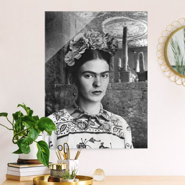 Tableaux en verre noir et blanc Frida Kahlo Photograph Portrait With Cacti