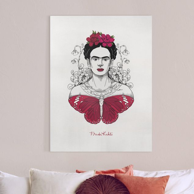 Tableaux papillons Frida Kahlo Portrait With Flowers And Butterflies