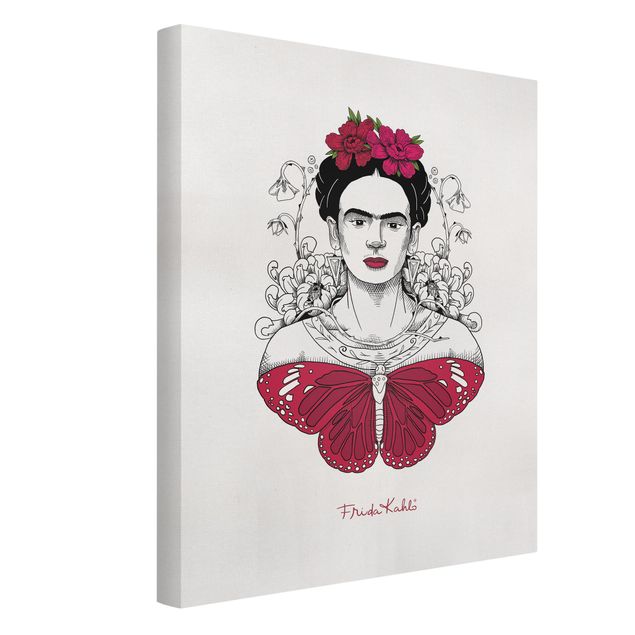 Tableaux animaux Frida Kahlo Portrait With Flowers And Butterflies