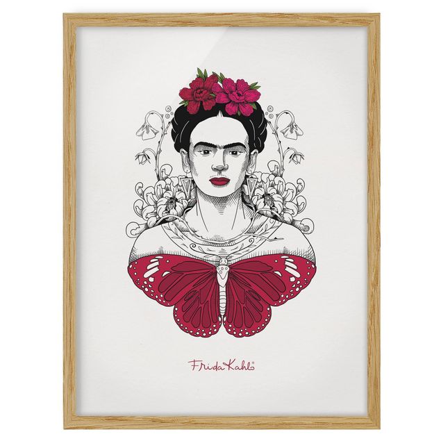 Tableau animaux Frida Kahlo Portrait With Flowers And Butterflies