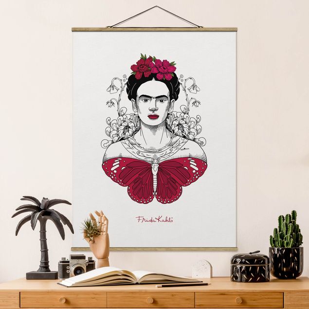 Tableaux papillons Frida Kahlo Portrait With Flowers And Butterflies
