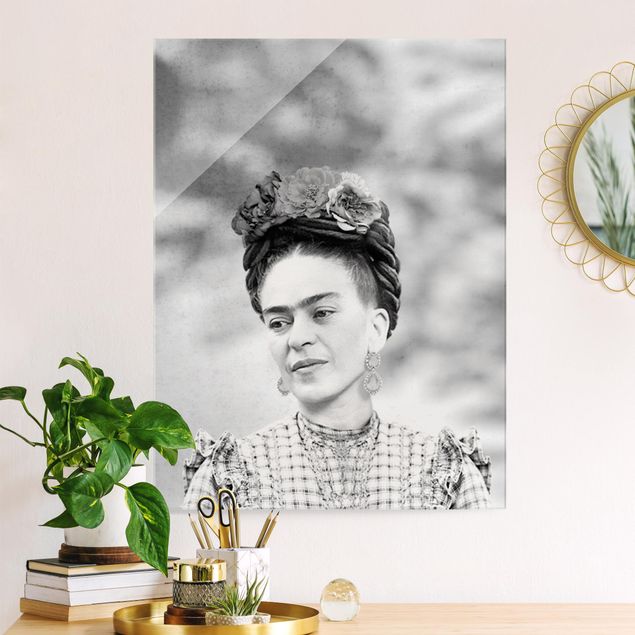 Tableaux en verre noir et blanc Frida Kahlo Portrait