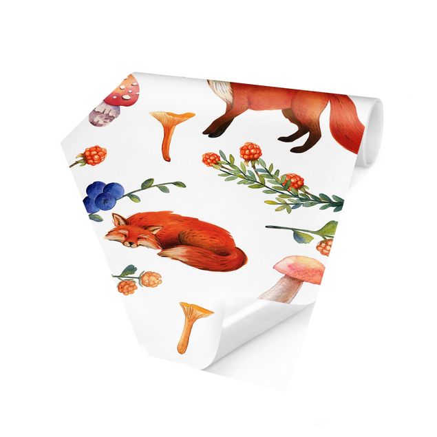 Papier peint rouge Ilustration de renard avec champignon