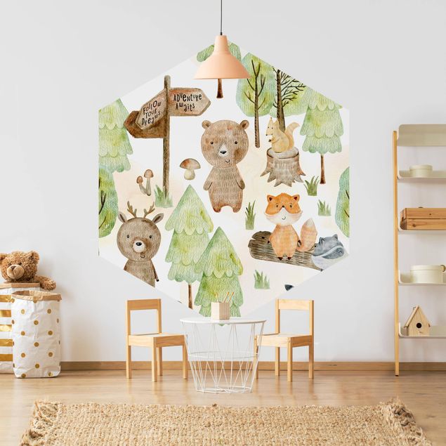 Papier peint animaux forêt Renard Et Ours avec Des Arbres