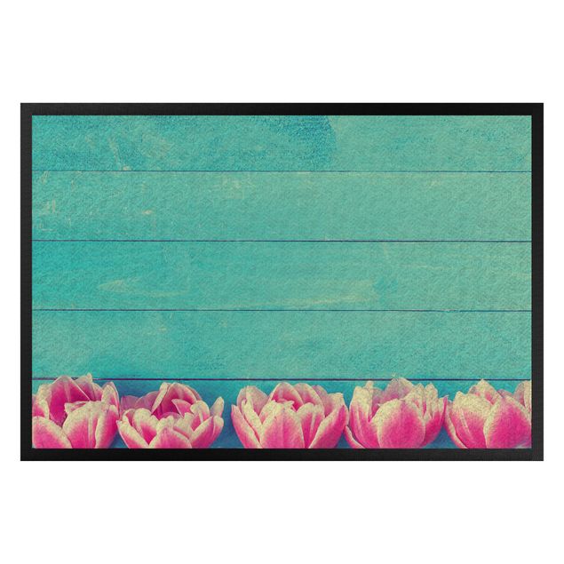 Paillasson fleurs Tulipe rose pâle sur turquoise