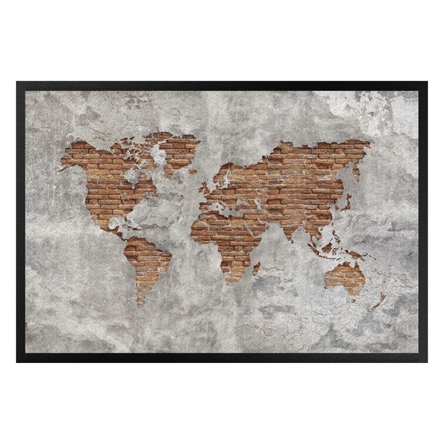 tapis trompe l oeil Carte du Monde en Brique de Béton Shabby