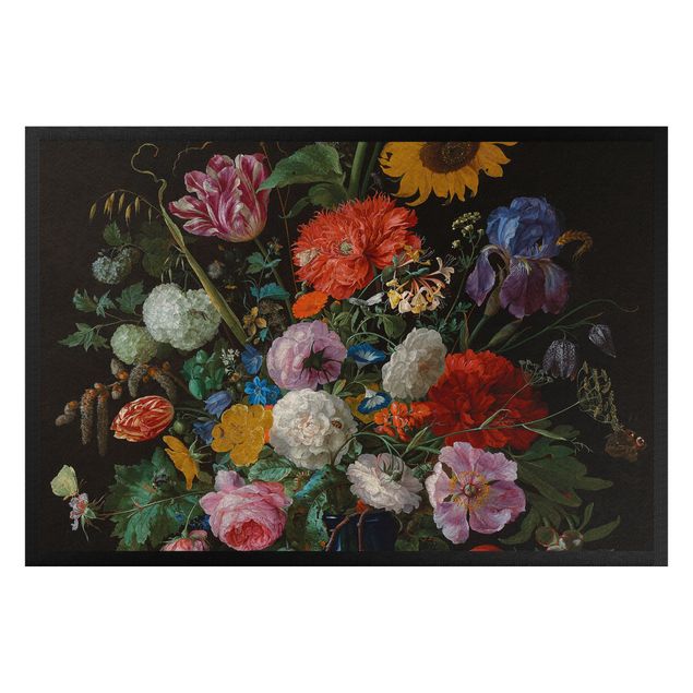 Tableaux Artistiques Jan Davidsz de Heem - Des tulipes, un tournesol, un iris et d'autres fleurs dans un vase en verre sur le socle en marbre d'une colonne