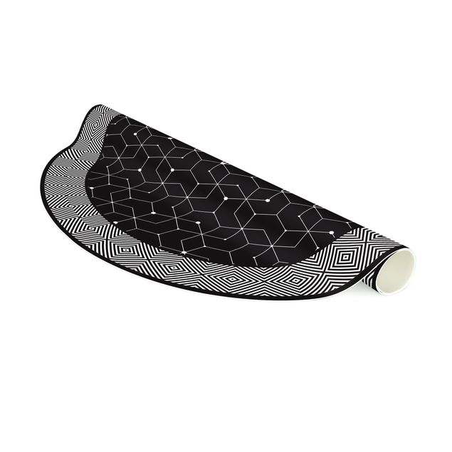 tapis salon moderne Carreaux géométriques lignes pointillées noir avec bordure