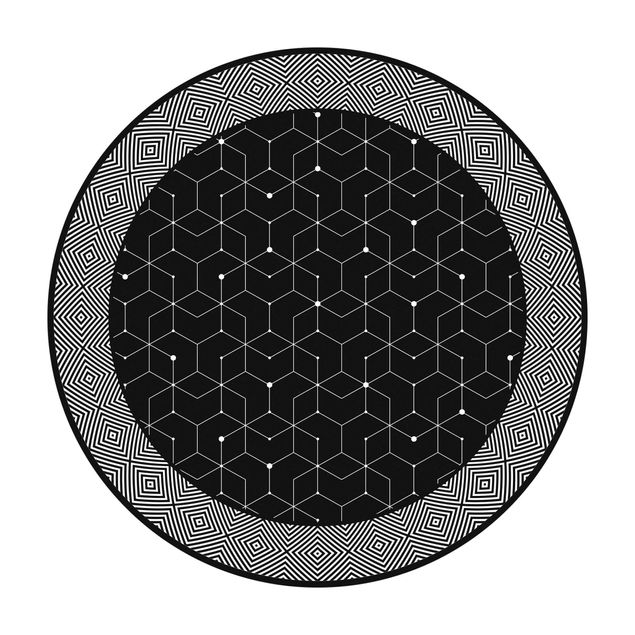 tapis sous table à manger Carreaux géométriques lignes pointillées noir avec bordure
