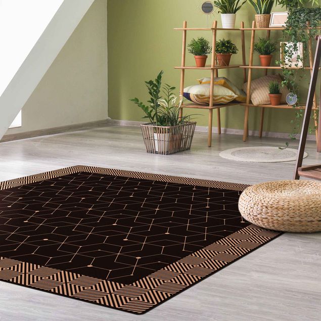 tapis salon moderne Carreaux géométriques lignes pointillées noir avec bordure