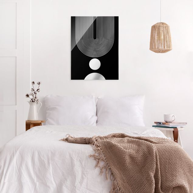 Tableau moderne Formes géométriques - Arc-en-ciel et cercles noirs