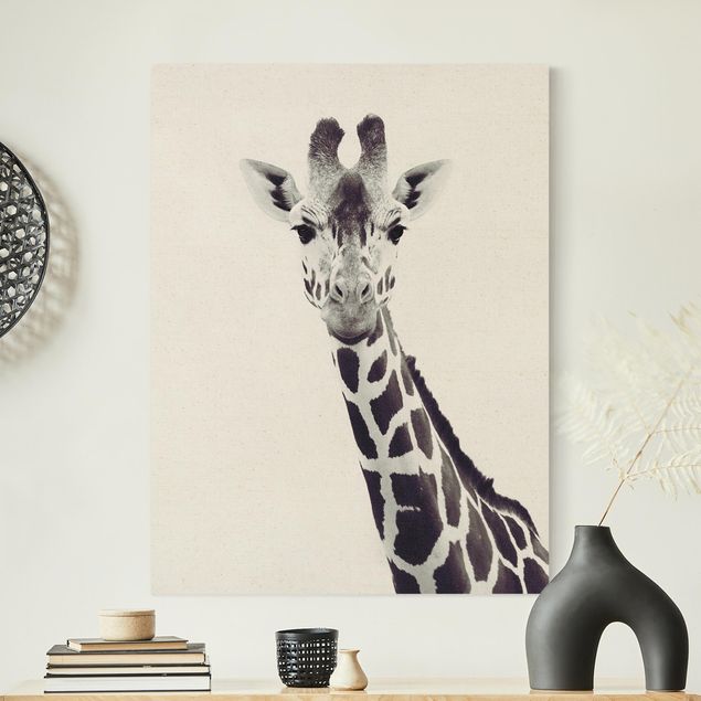 Tableau girafe Portrait de girafe en noir et blanc