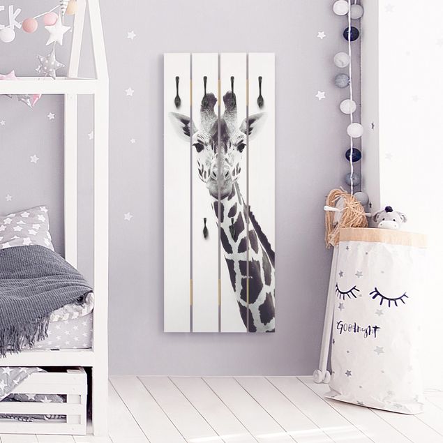 Porte manteau mural animal Portrait de girafe en noir et blanc