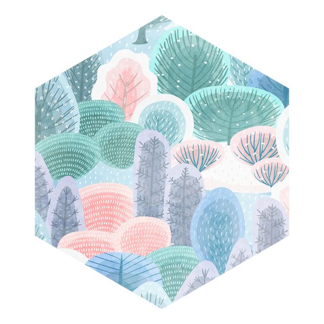Papier peint hexagonal autocollant avec dessins - Happy Forest In Pastel