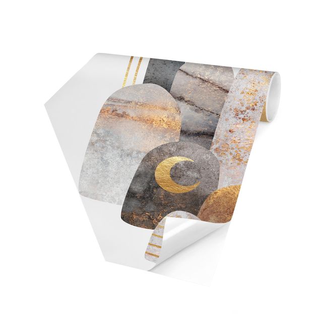 Papiers peintspanoramique hexagonal Montagne d'or avec la lune