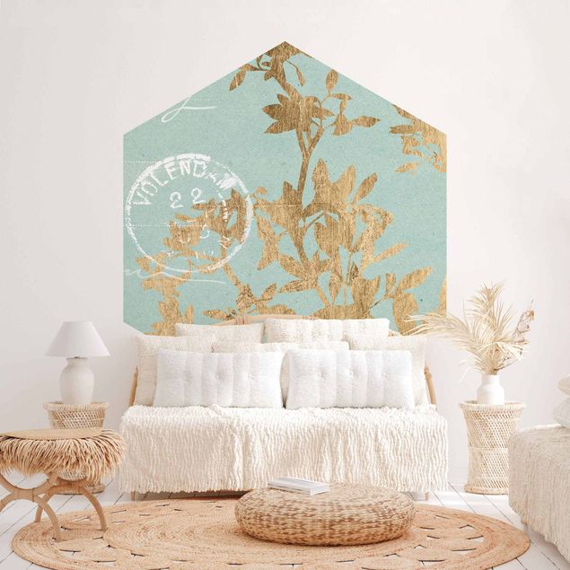 Papier peint floral Feuilles d'or sur Turquoise II
