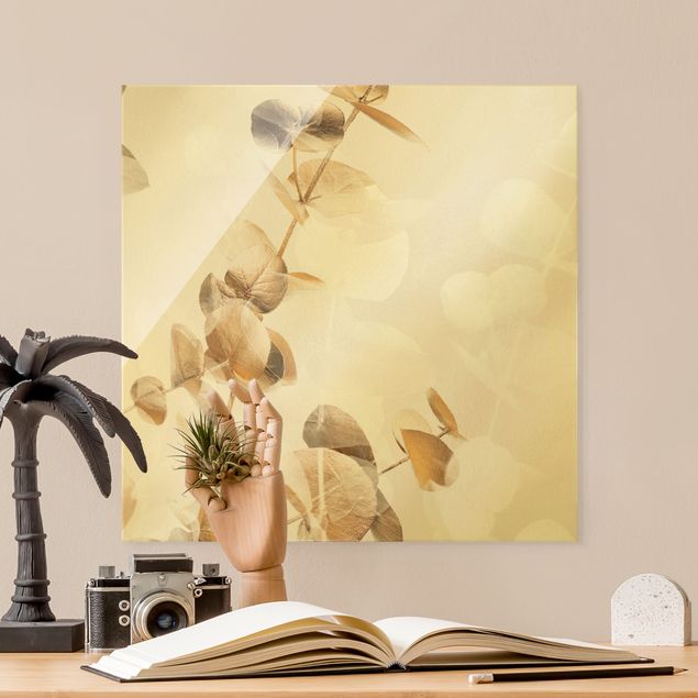 Tableaux en verre fleurs Eucalyptus doré avec blanc I