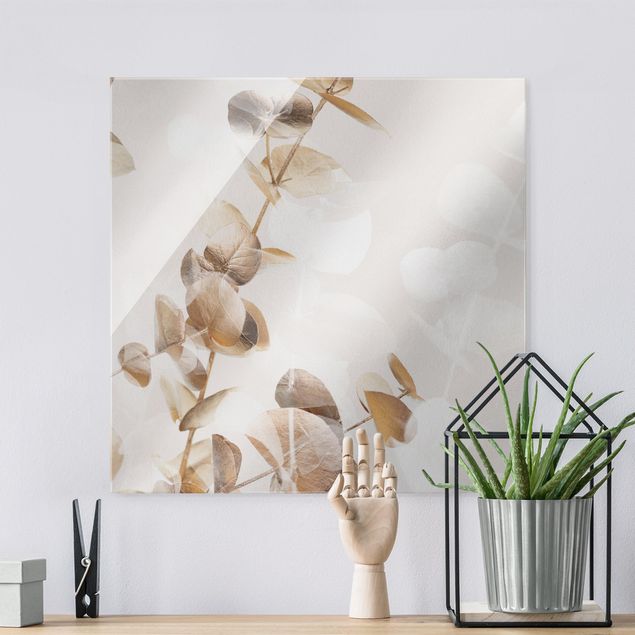 Tableaux en verre fleurs Eucalyptus doré avec blanc I