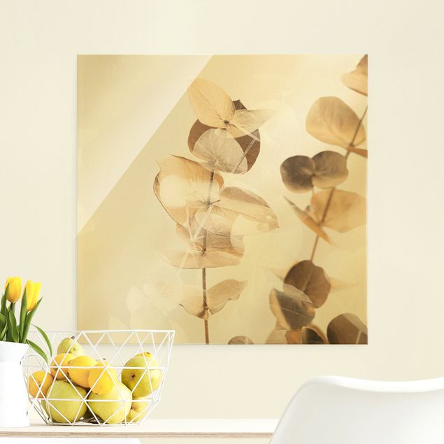 Tableaux en verre fleurs Eucalyptus doré avec blanc II