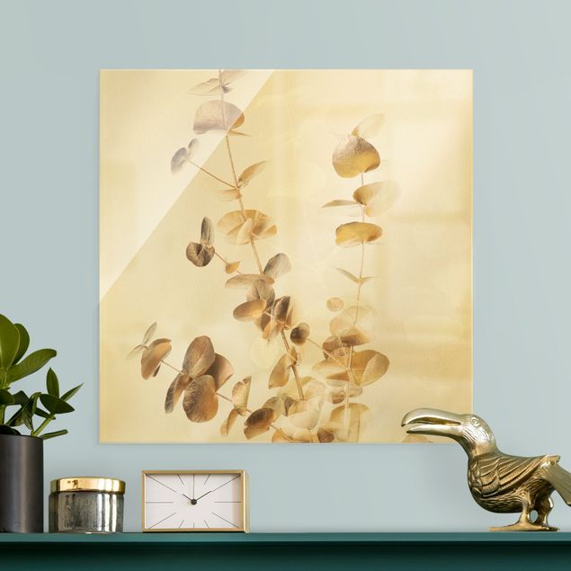Tableaux en verre fleurs Eucalyptus doré avec blanc