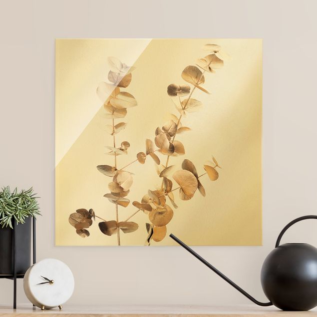 Tableaux en verre fleurs Eucalyptus doré