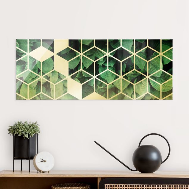 Tableaux en verre abstraits Géométrie dorée - Feuilles vertes