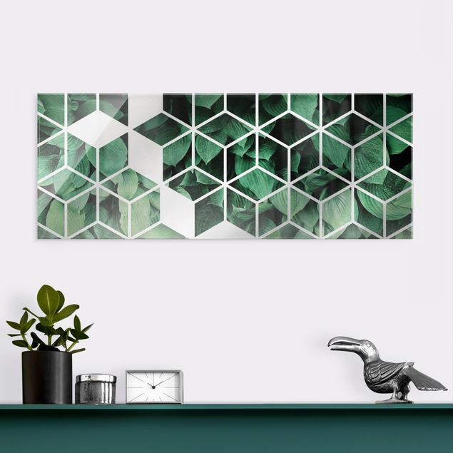 Tableaux en verre abstraits Géométrie dorée - Feuilles vertes