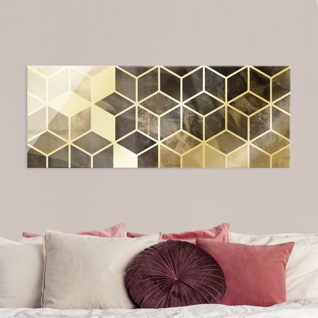 Tableaux en verre abstraits Géométrie dorée - Noir et blanc