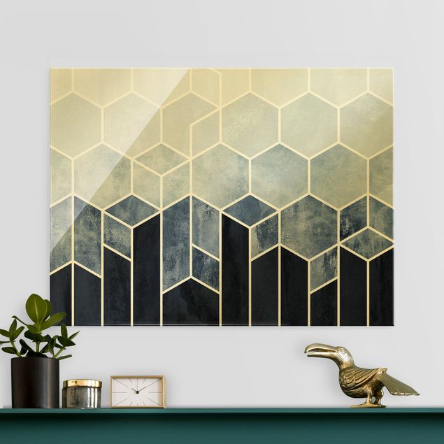 Déco mur cuisine Géométrie dorée - Hexagones bleu et blanc